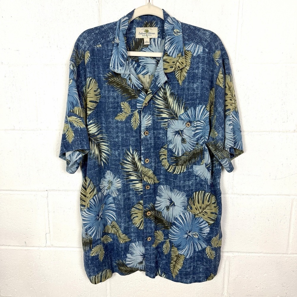Island Shores Washable‎ Silk Short Sleeve Blue Tropical Floral Resort Island XL